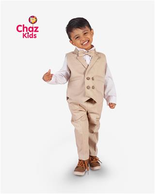 27545 Chaz Kids Baby Dress Vest Coat Set Beige with Minimal print white shirt