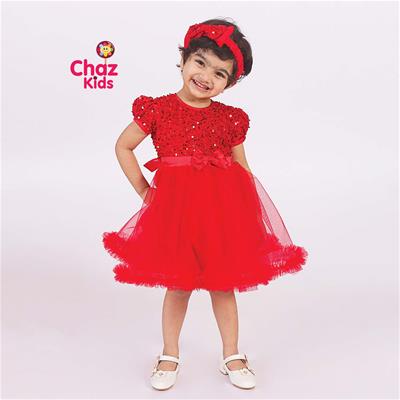 27713 Chaz Kids PartyWear Frocks Red velvet Sequence Partywear Frock