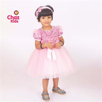 27721 Chaz Kids PartyWear Frocks Pink Velvet Sequence
