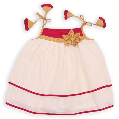 27476 Chaz Kids Baby Girls Ethnic Frock Maroon yoke and Golden combination with a flower on yoke