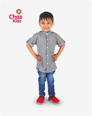 27246 Chaz Kids Boys Shirt Half Sleeve Chineese Neck Shirt Half Sleeves Grey With Print