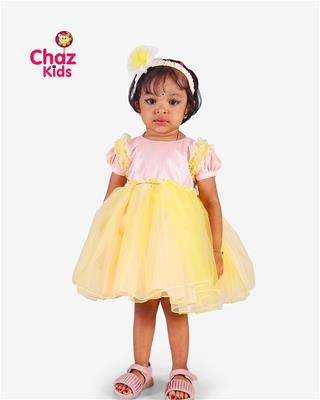27764 Chaz Kids PartyWear Frocks Shining Peach and parrot green combo