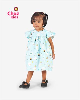 27781 Chaz Kids Baby Dress Cotton Frock Ship Print on Sky Blue