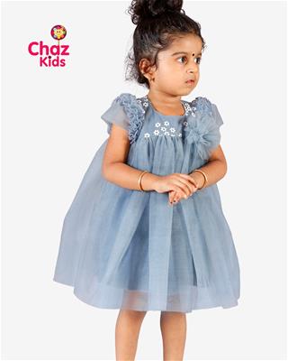 27586 Chaz Kids Baby Dress Partywear Frock Gery with white flowers