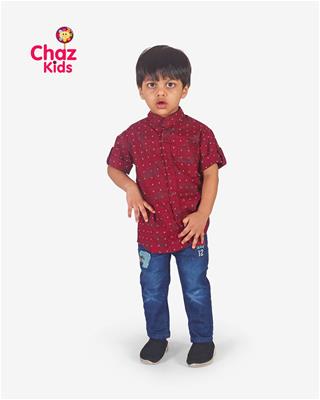 27244 Chaz Kids Boys Shirt Half Sleeve Boys Chineese Neck Shirt Half Sleeves Maroon With Print