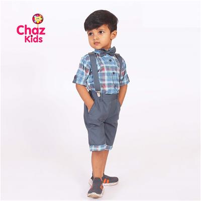 27685 Chaz Kids Baby 34 and Shirt with Suspenders and Bow Dark Grey and Blue Checks