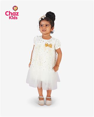 27762 Chaz Kids Baby Dress Partywear Frock Star Foil Design in Off white