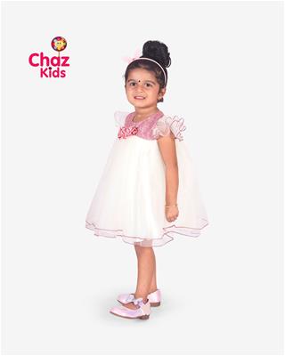 27590 Chaz Kids Baby Dress Partywear Frock Rose Gold and off white with 3 Rose Flowers