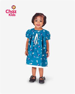 27711 Chaz Kids Baby Dress Cotton Frock Peacock Blue with Puppy Prints
