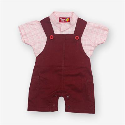 27698 Chaz Kids Baby Boys Dungarees Maroon Dunagree and pink inner