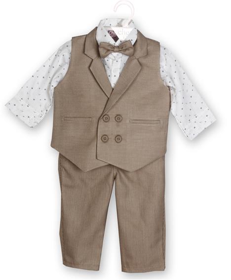 24991 Chaz Kids Baby Dress Vest Coat Set Brown with Minimal print white shirt