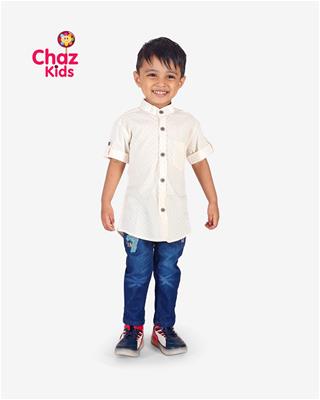 27245 Chaz Kids Boys Shirt Half Sleeve Chinese Neck Shirt Half Sleeves White With Print