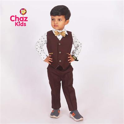 27519 Chaz Kids Baby Dress Vest Coat Set Coffee Brown with Minimal print white shirt