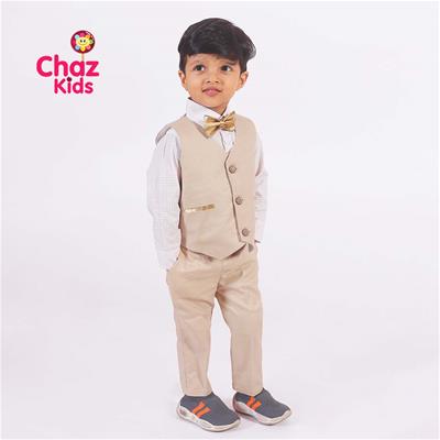 27471 Chaz Kids Baby Dress Vest Coat Set Beige with Minimal print white shirt