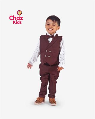 27531 Chaz Kids Baby Dress Vest Coat Set Brown with Minimal print white shirt