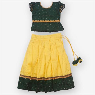 27548 Chaz Kids Girls Ethnic Full Skirt and Top Bottle Green and Yellow