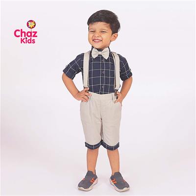 27684 Chaz Kids Baby 34 and Shirt with Suspenders and Bow Navy blue check