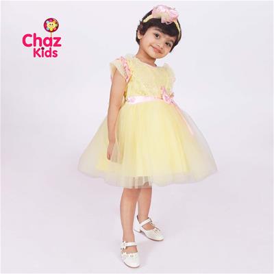 27712 Chaz Kids PartyWear Frocks Pink and Yellow combination